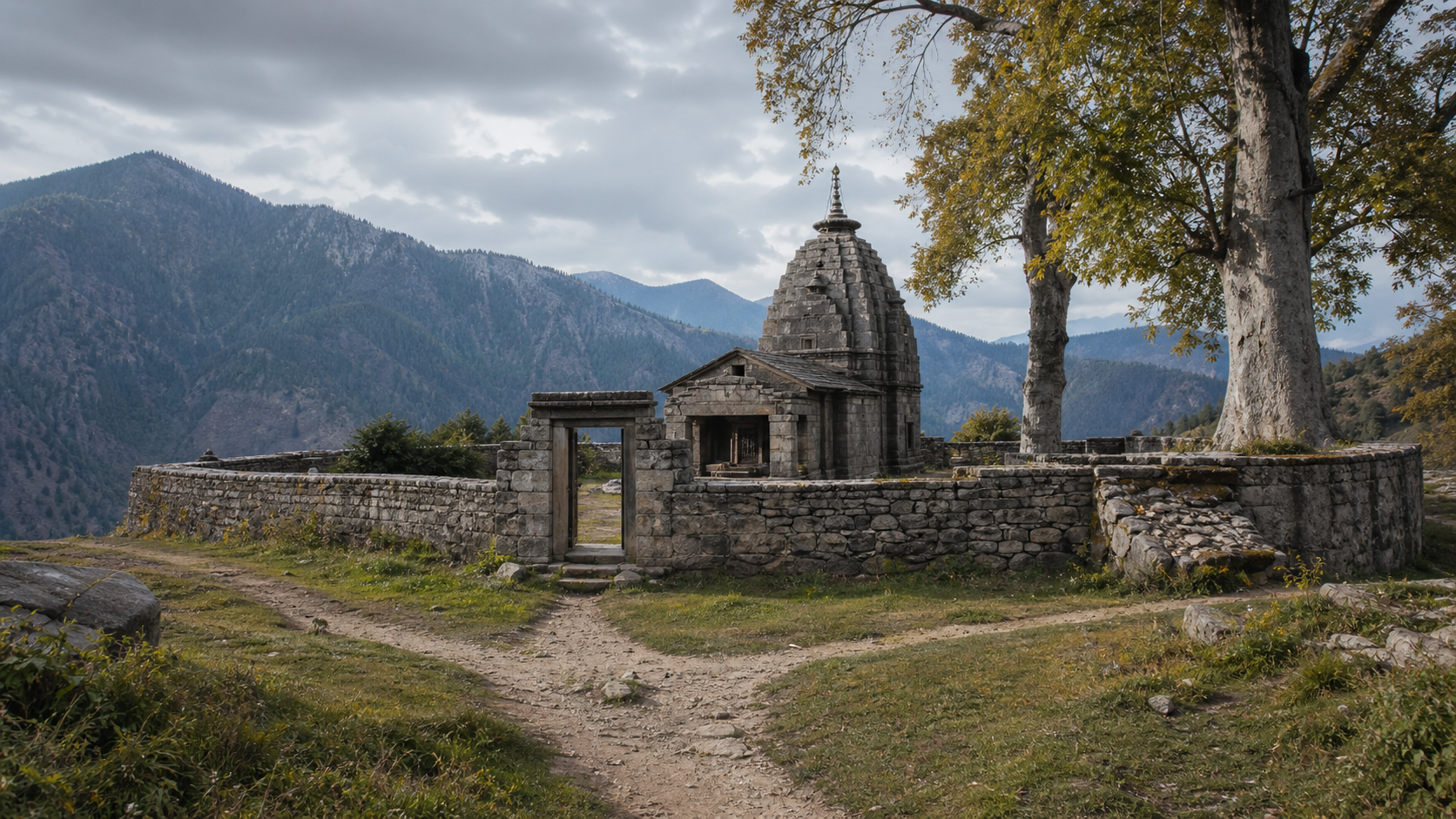 A historic stone Hindu temple and walled courtyard stand among chinar trees in a mountain valley in Jammu and Kashmir, with several paths converging at its open gateway.