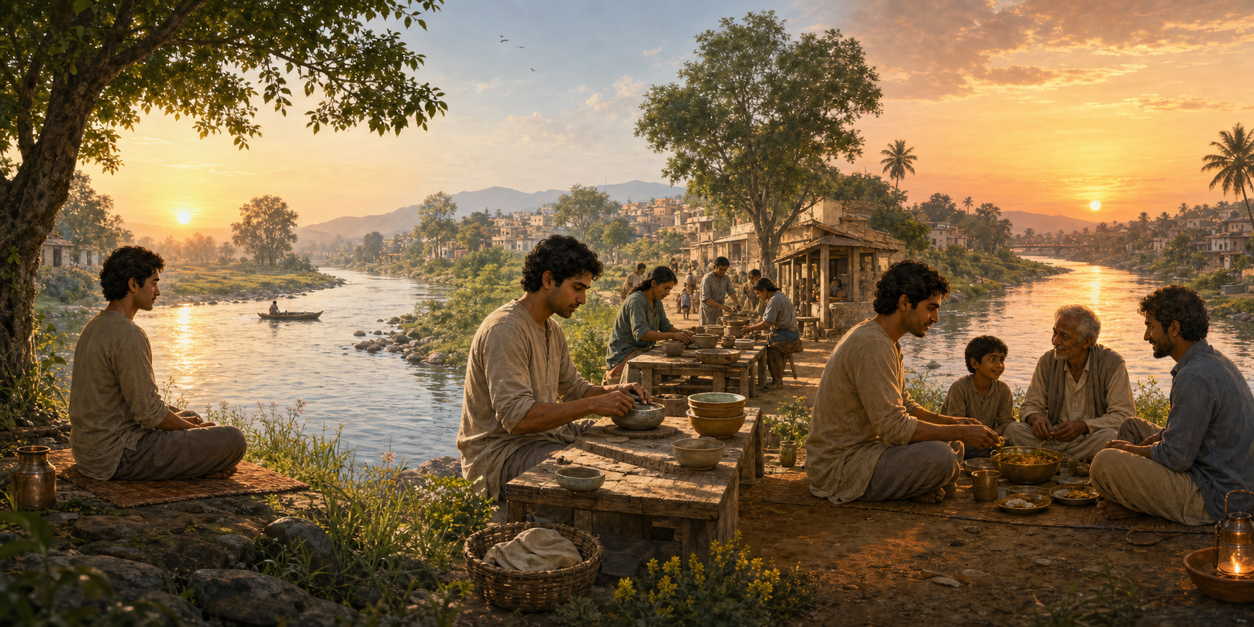 The same person meditates at dawn, works carefully during the day, and shares an evening meal with people of different ages in a river-linked landscape.