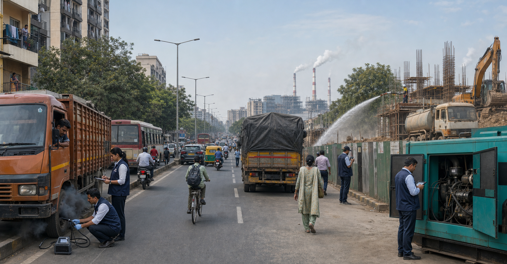 Municipal inspectors monitor vehicle exhaust, construction dust, a generator, covered debris, and distant industrial emissions along an urban corridor.