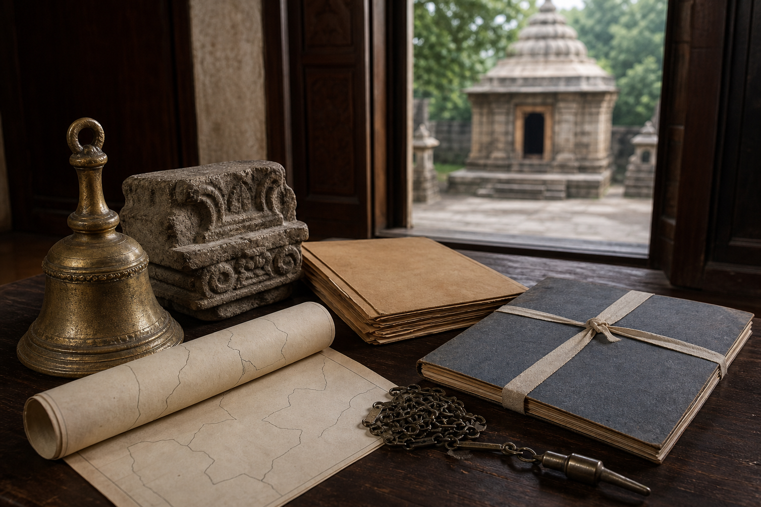A temple bell, archival files, an abstract land survey, a stone fragment and measuring tools rest on a table, with a shrine visible through a doorway.