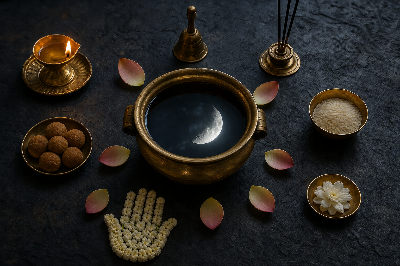 A brass water vessel reflecting the Moon is surrounded by lotus petals, pale flowers, a white blossom, and separate ritual objects.