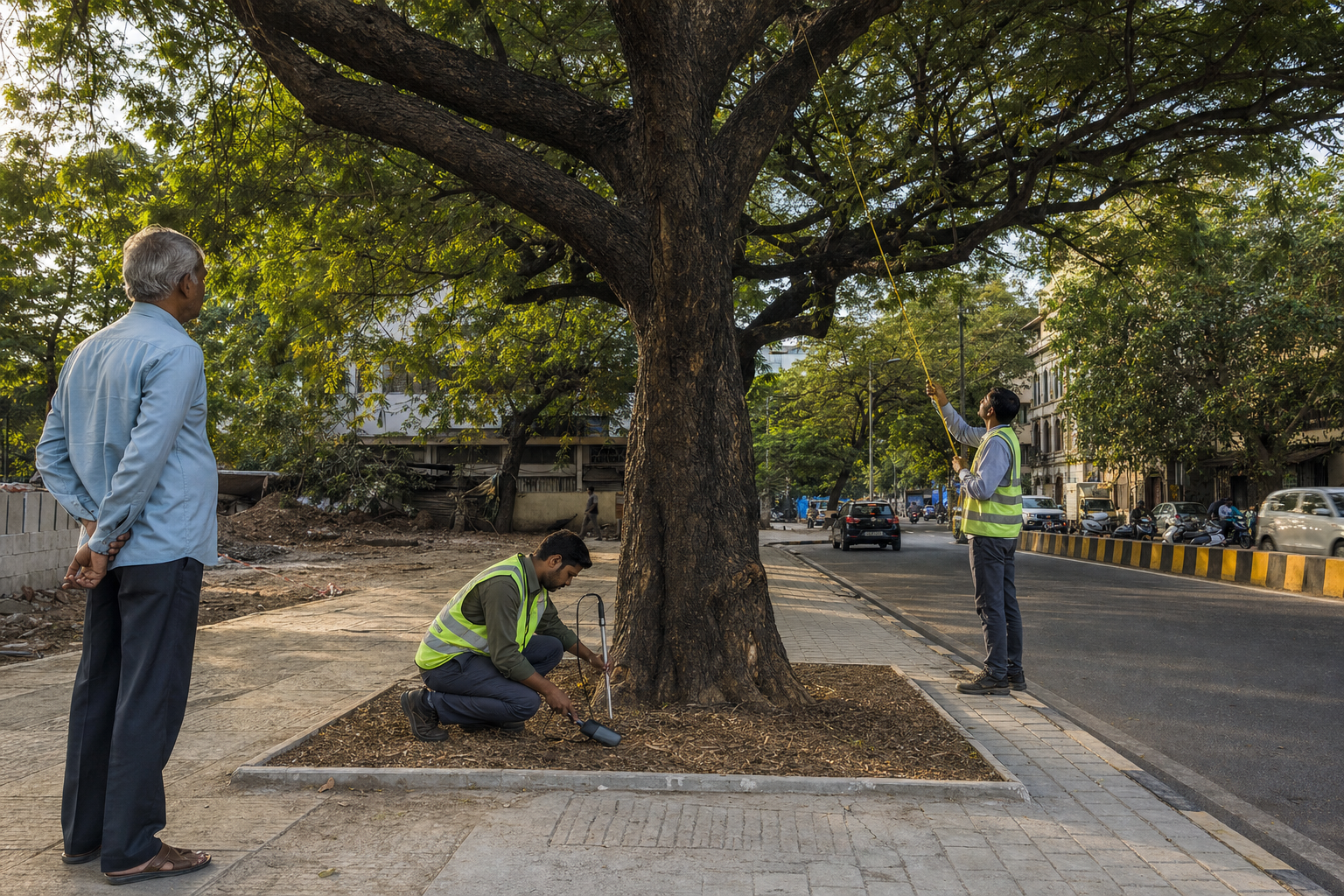 An arborist checks soil conditions while an inspector measures the root zone and canopy spread of a Mumbai street tree.