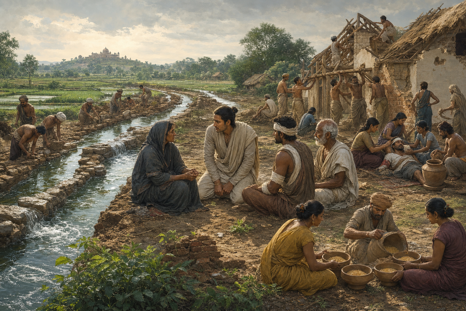 A ruler listens to survivors as healers treat the injured and workers from both sides restore homes, distribute grain and repair an irrigation channel.