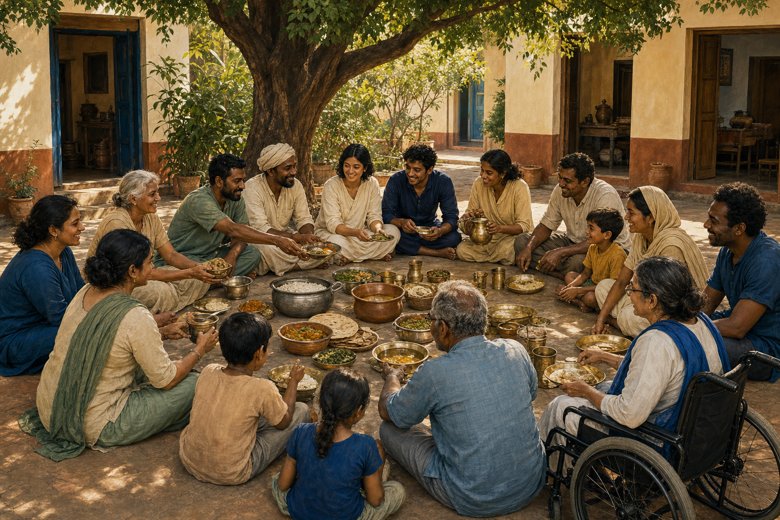 A diverse group of people sits at the same level in a courtyard circle, serving one another food and water beneath a large tree.