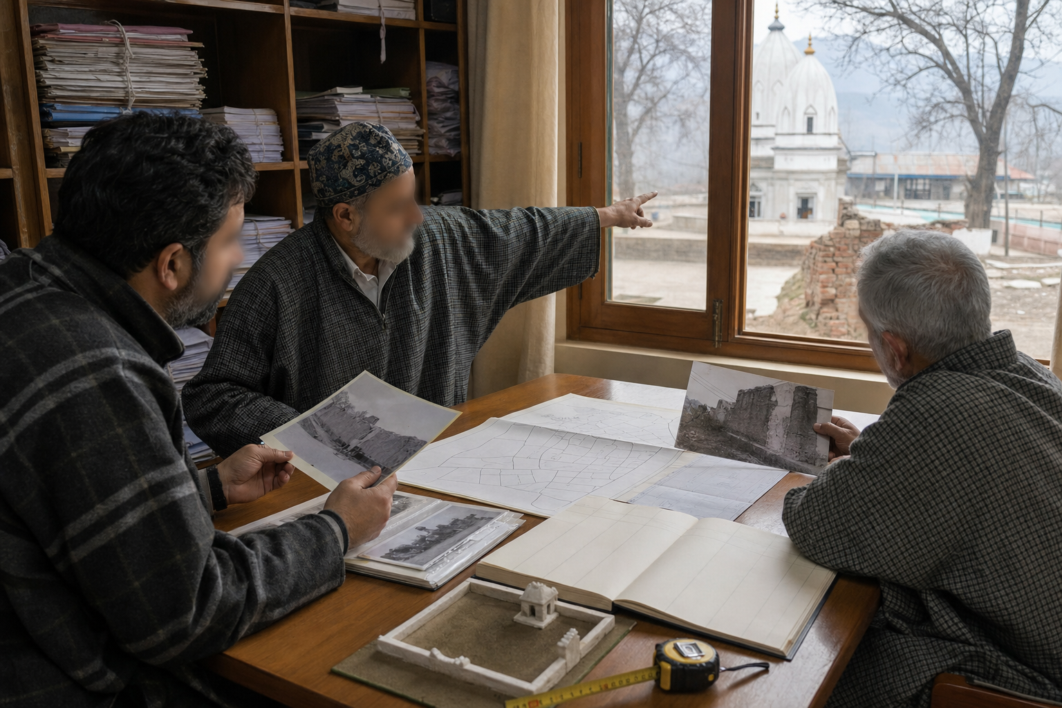 Three temple custodians compare property records, an unlabeled parcel map and photographs of a boundary wall in a committee room overlooking a shrine courtyard.