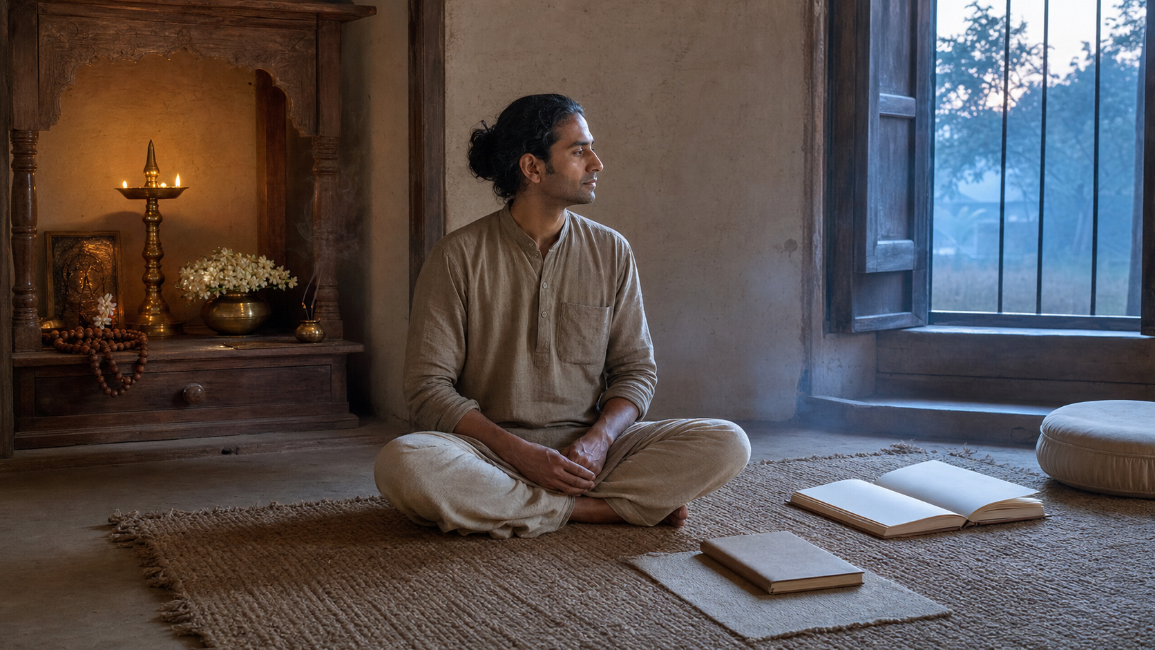 A practitioner sits between a devotional alcove with an oil lamp and prayer beads and a study area with an open folio and meditation cushion.