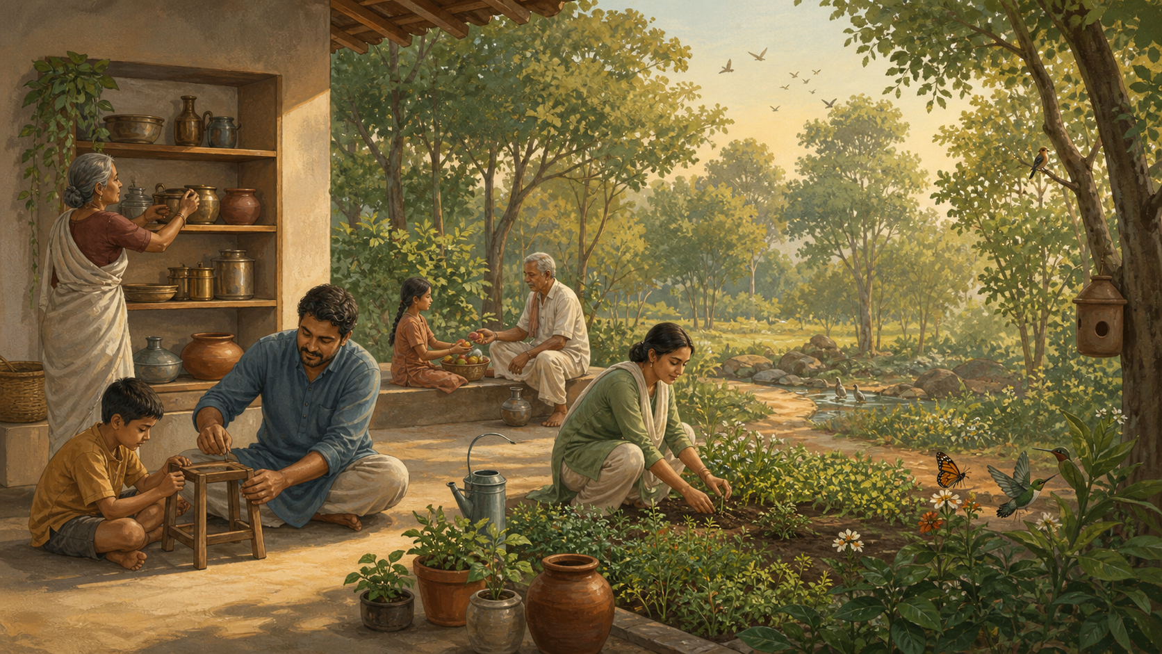 A multigenerational family repairs furniture, tends vegetables, and shares fruit in an uncluttered courtyard beside a flourishing grove.