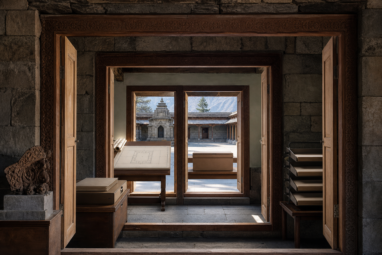 Four aligned doorways frame records, survey materials, an evidence box and administrative files leading toward a secure stone temple courtyard.