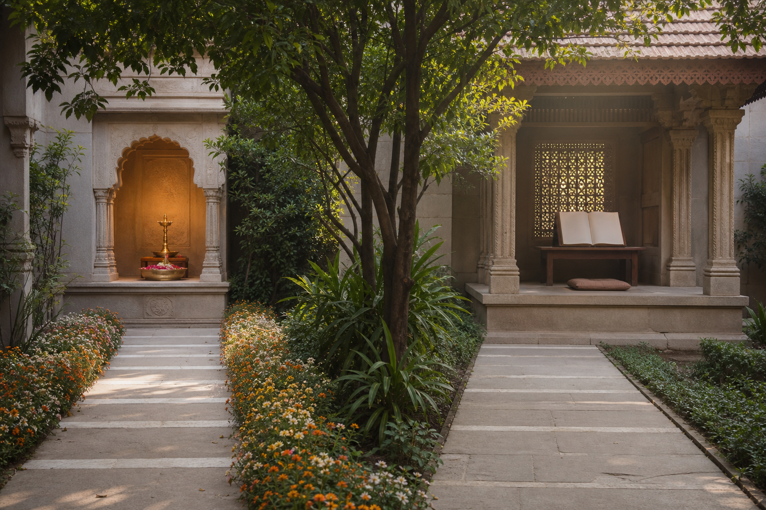 Two separate paths cross the same courtyard, one leading to a lamp and flower offering and the other to a reading pavilion and meditation seat.