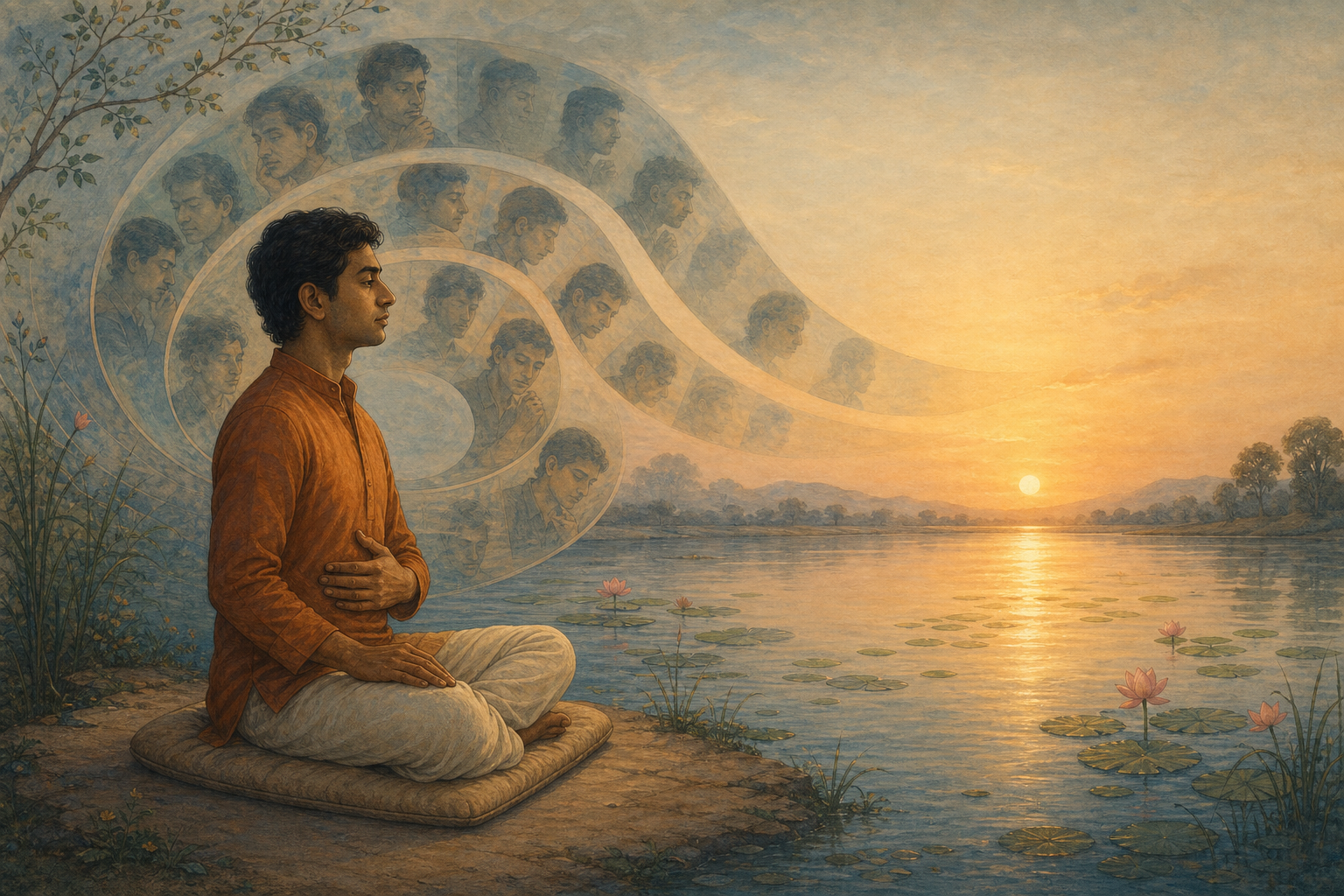 A seated person beside a lotus pond faces a clear path of dawn light while a spiral of fragmented reflections fades behind them.