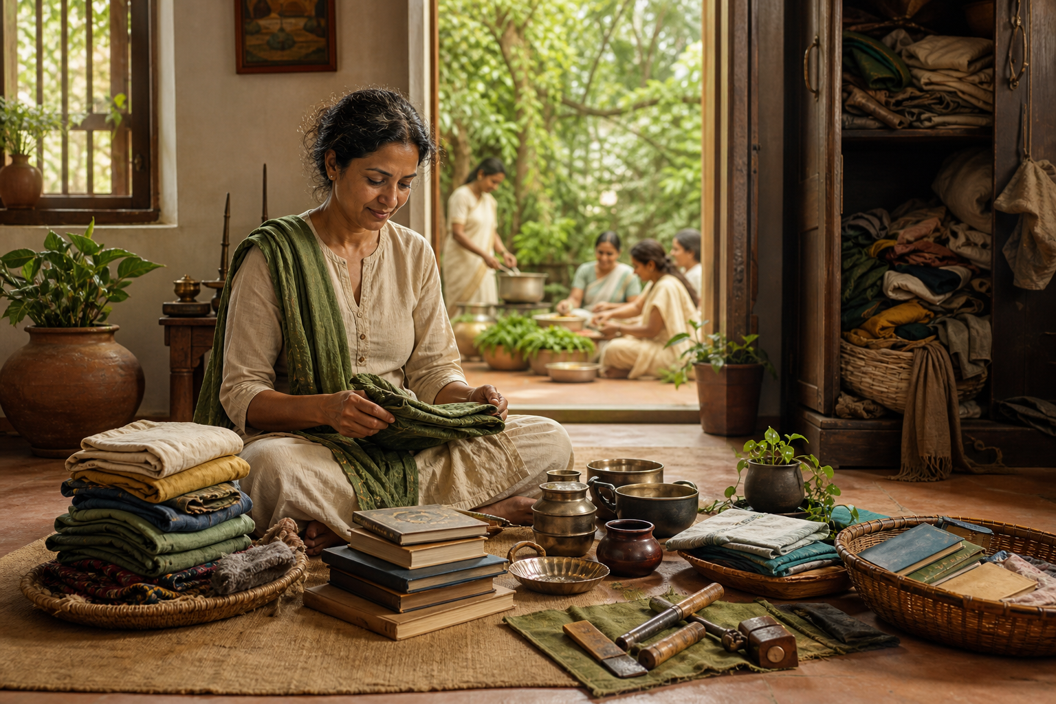 A person sorts useful household belongings while a garden and shared meal are visible through an open doorway.
