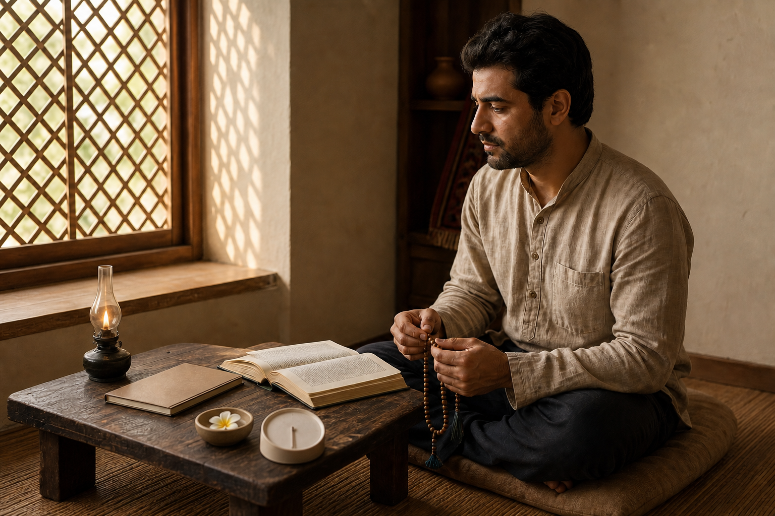 A seated practitioner holds prayer beads beside an open book, a flower, an oil lamp and a small unnumbered timer during a home study session.