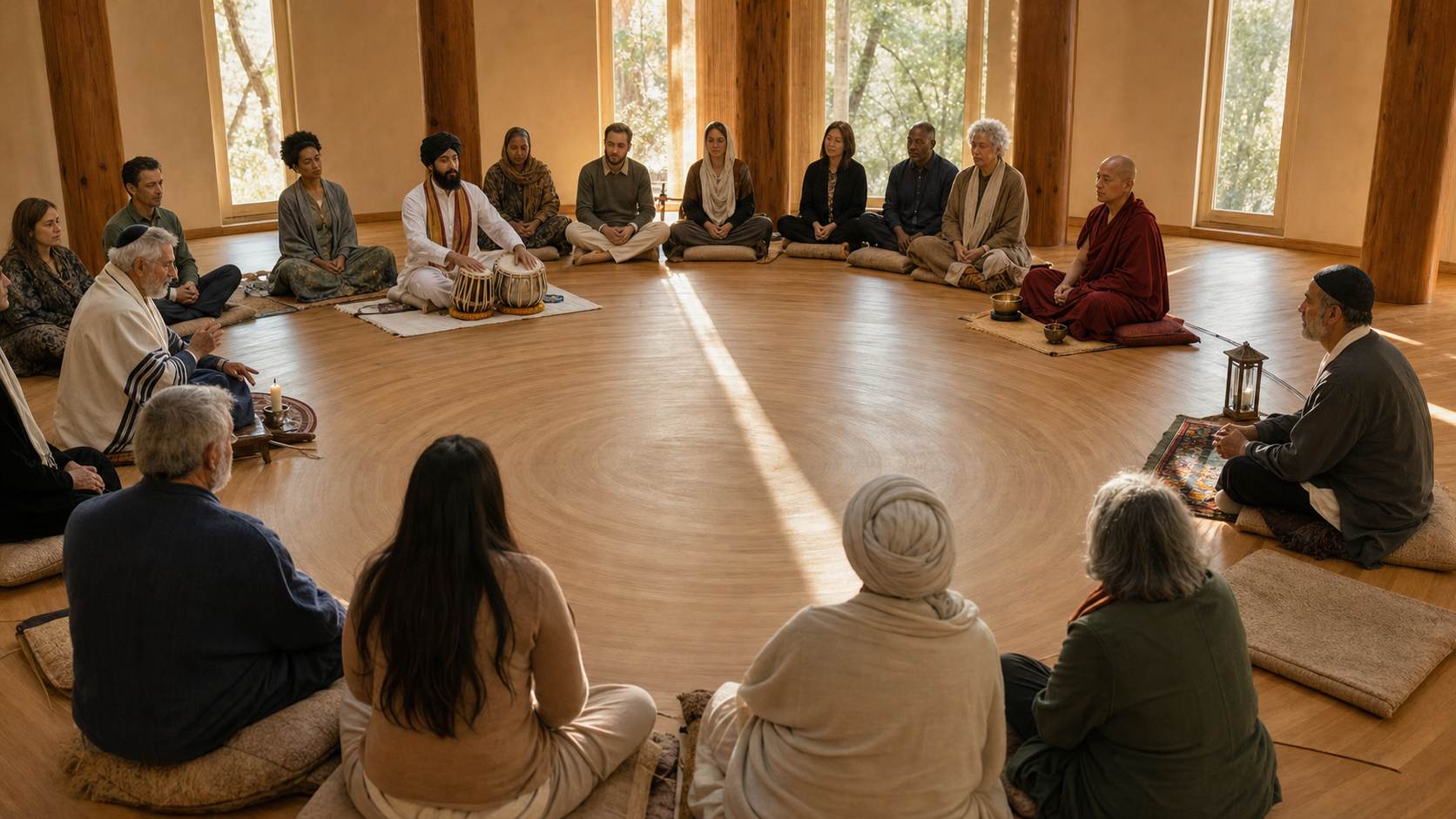 Adults from varied backgrounds sit in a circle as one tradition-bearer leads a sacred chant and others participate or listen.