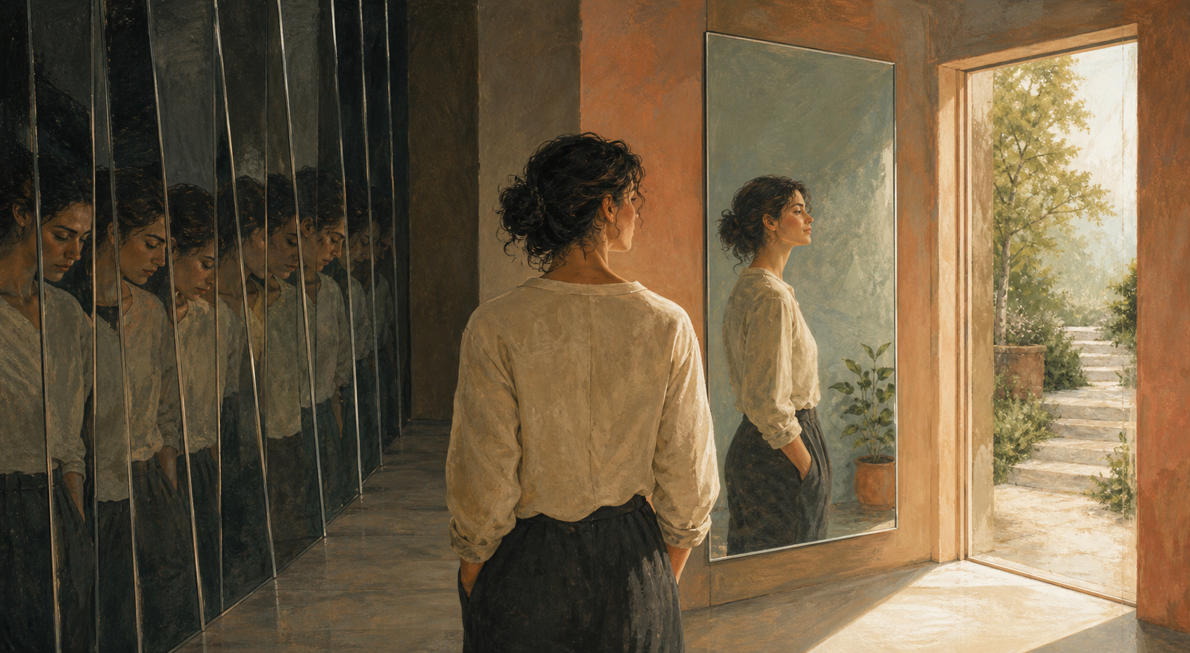 A person turns from a dim corridor of repeated mirror reflections toward one calm reflection and an open sunlit doorway.