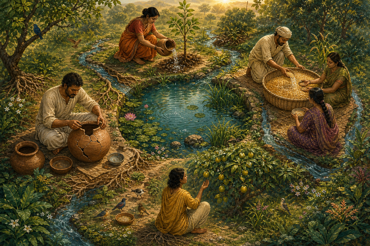 Four connected scenes show a sapling being watered, a clay pot repaired, grain shared, and fruit taken carefully from a tree.