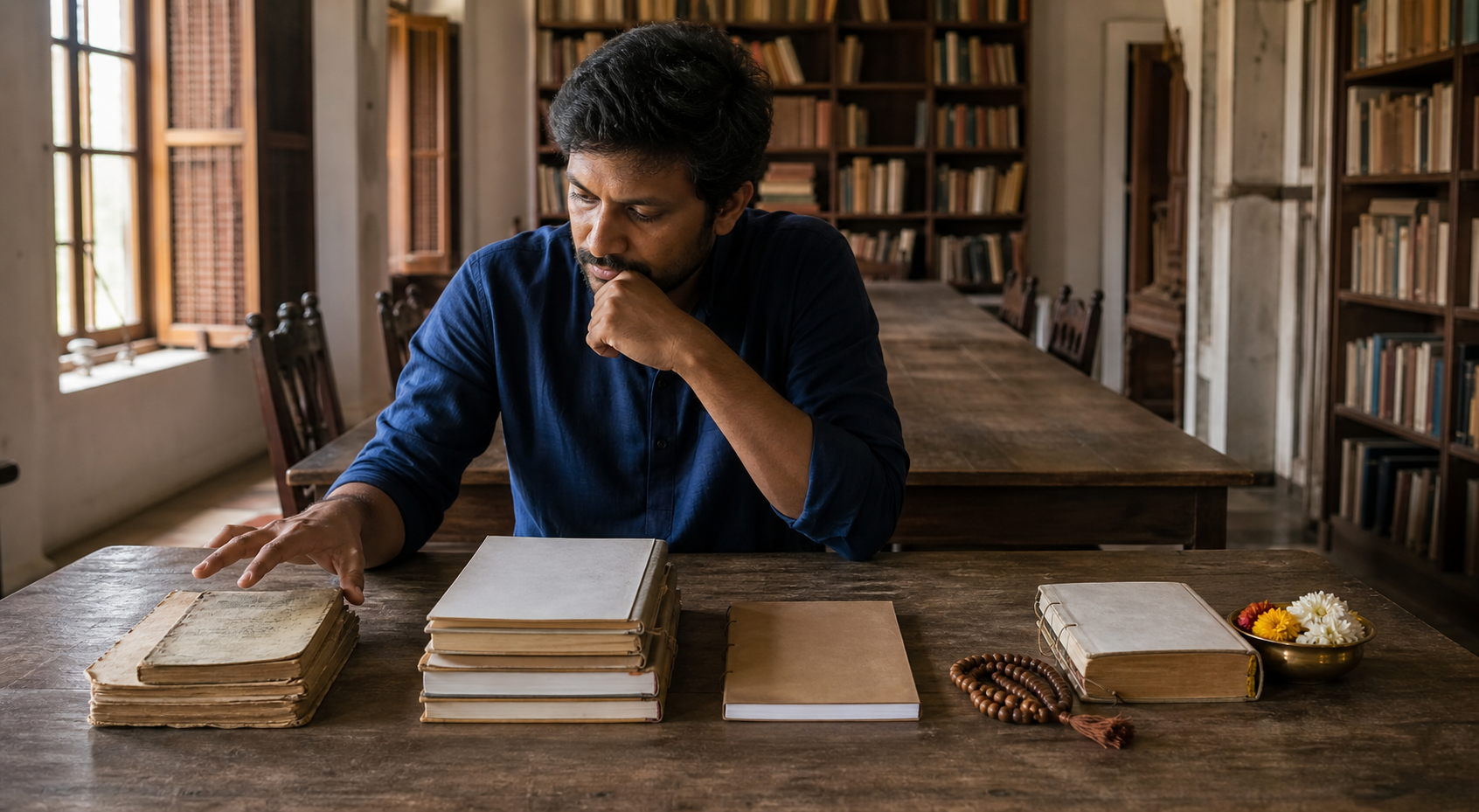 A reader considers three unlabeled groups of spiritual study materials arranged on a wooden library table.