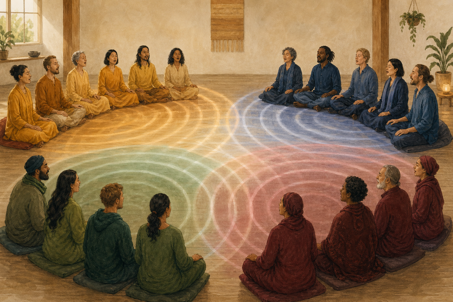 Distinct groups chant in one room as separate colored sound waves overlap in a shared illuminated space.