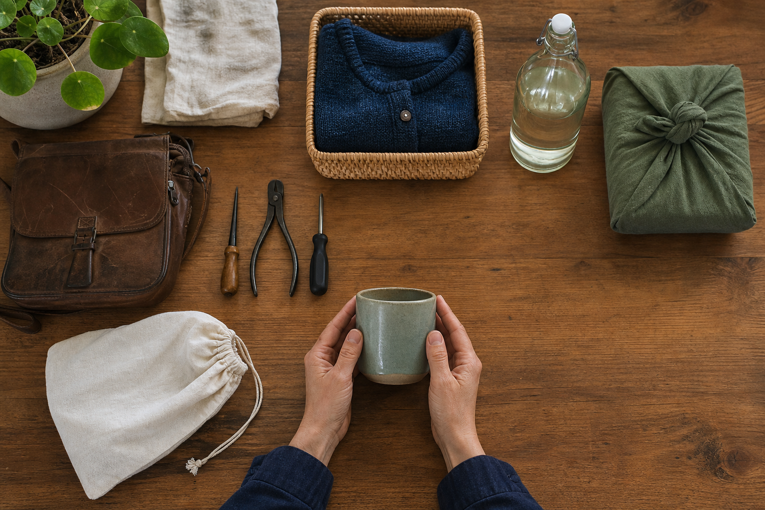 Open hands pause over a purchase beside repair tools, a borrowing basket, a refillable container, and a secondhand item.