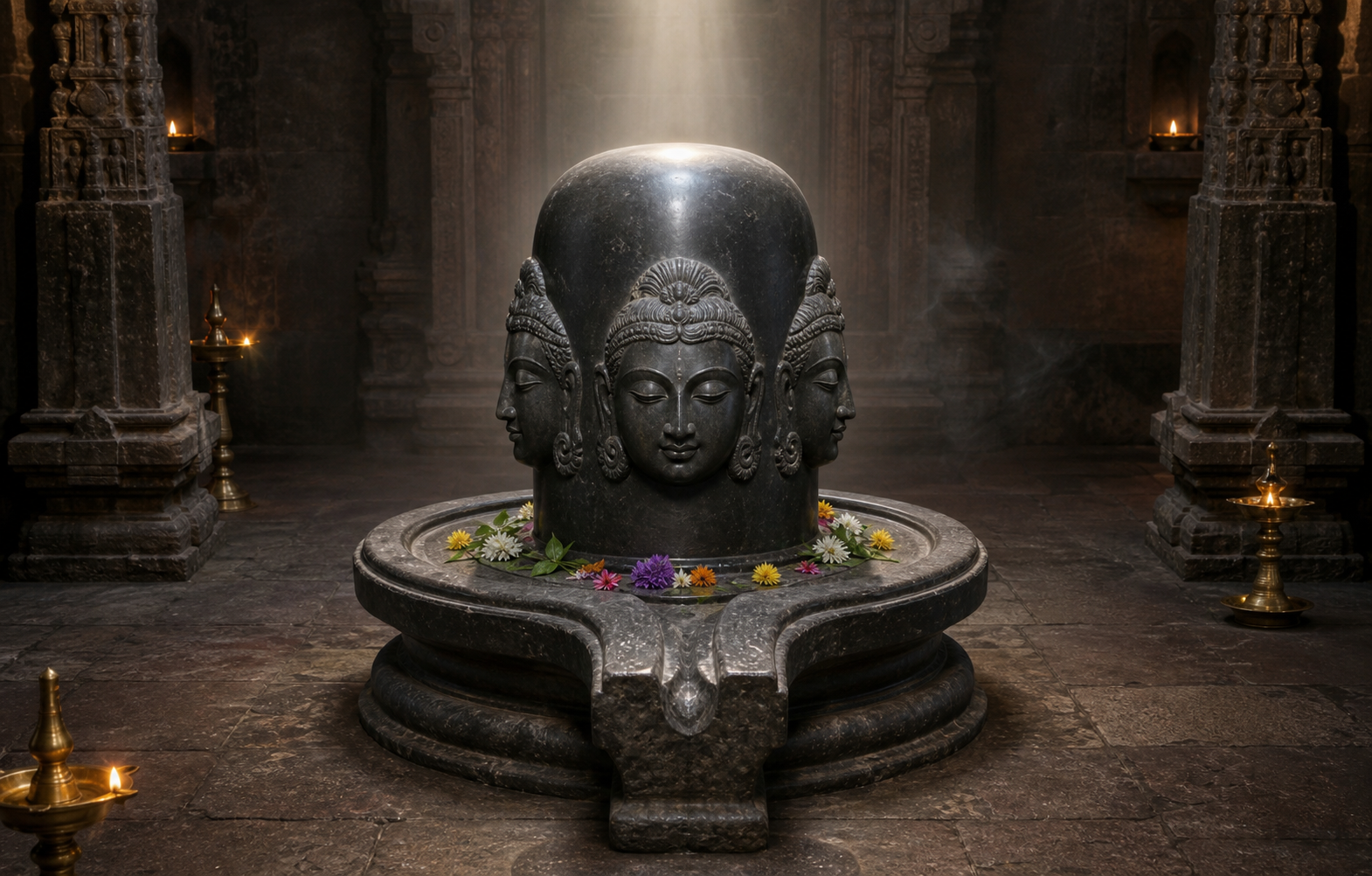 Dark stone Panchamukha Shivalinga with carved faces around its sides and a beam of light emphasizing the upward-facing summit in a temple sanctum.