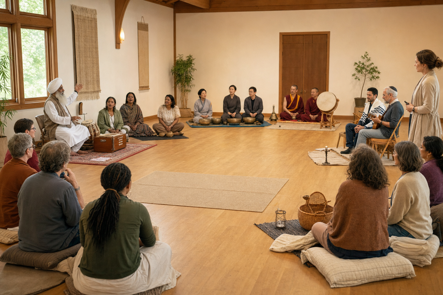 An interfaith gathering uses separate practice stations while one lineage representative leads and guests choose to chant or listen.