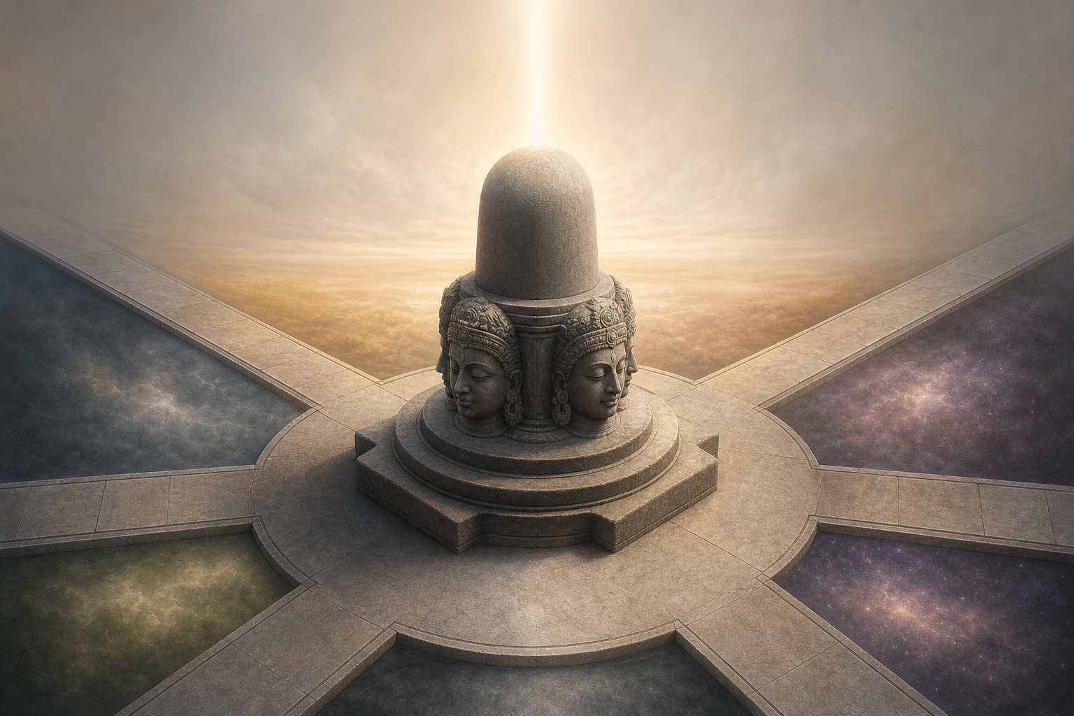 Oblique view of a four-faced stone linga with four pathways extending horizontally and a luminous vertical axis rising from its crown.