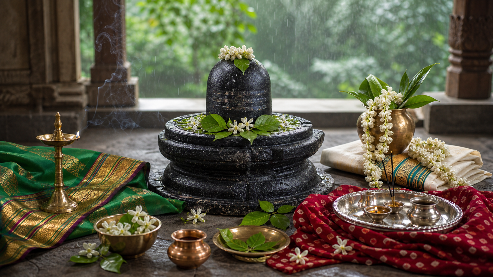 A Shiva lingam with bilva leaves and flowers surrounded by regional textiles, lamps and puja vessels on a rain-cooled veranda.