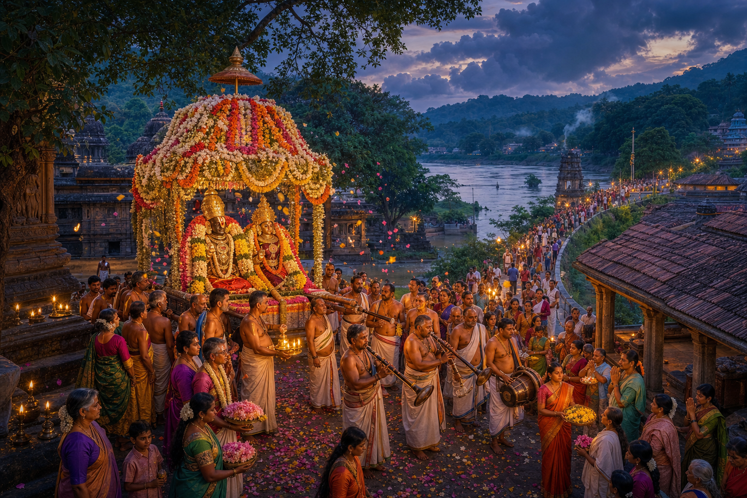 A divine wedding procession carrying adorned festival icons moves through a temple settlement beside a river, accompanied by priests, musicians, families, and flower bearers at dusk.