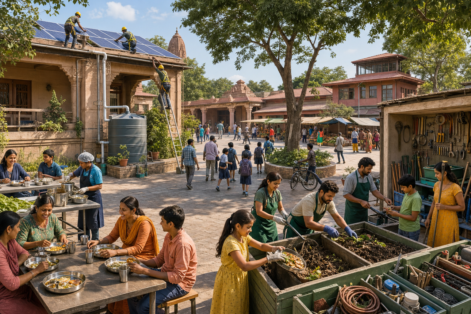 A community complex supports rainwater collection, solar power, shared tools, repairs, composting, and meals served in reusable dishes.