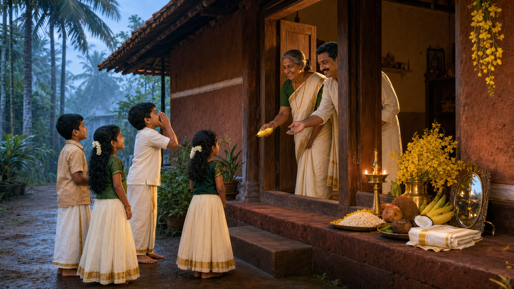 Children greet a family at the doorway of a North Malabar home at dawn while a lamp-lit Vishukkani is visible inside.