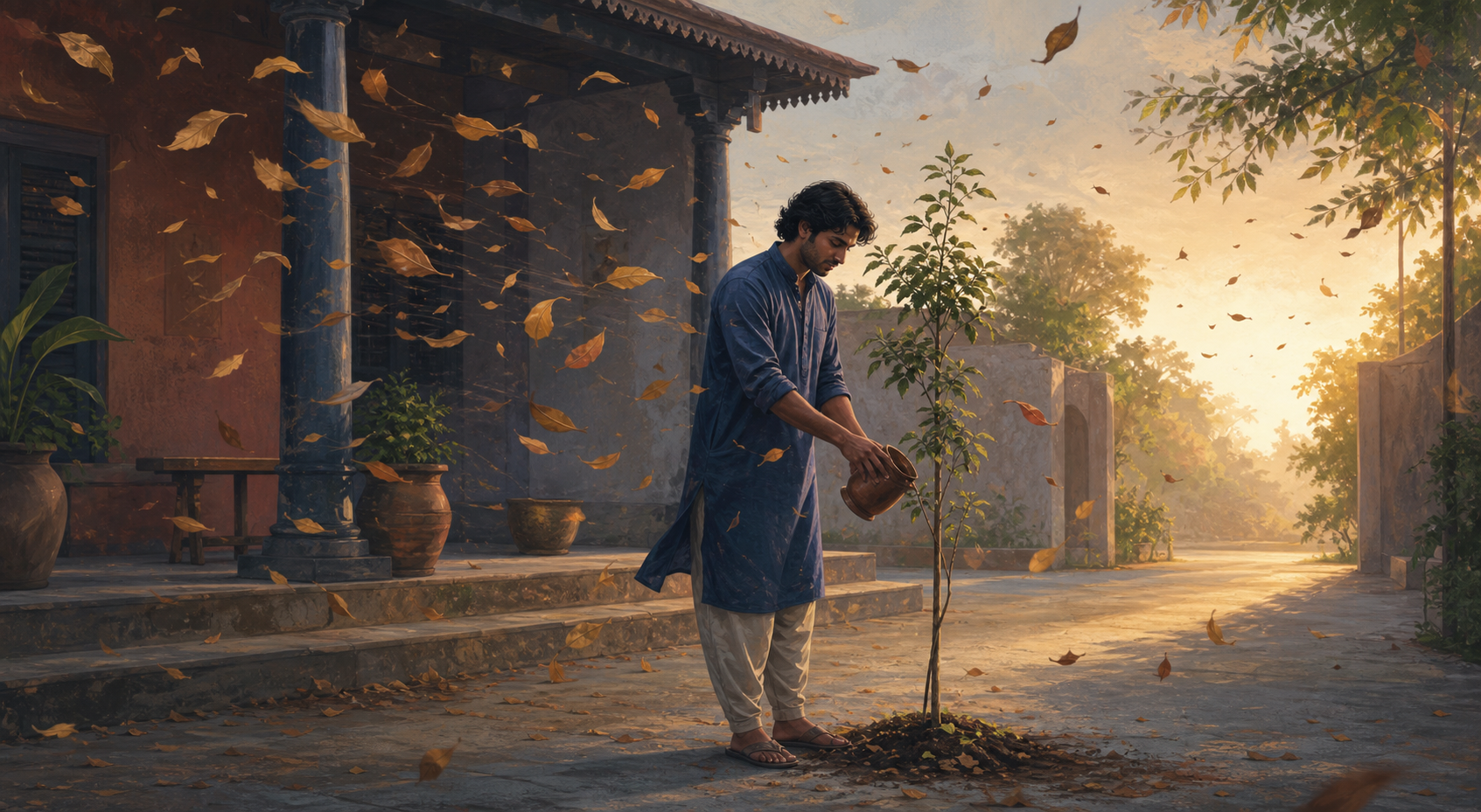 A calm adult tends a young tree in a dawn courtyard while windblown leaves swirl around them.