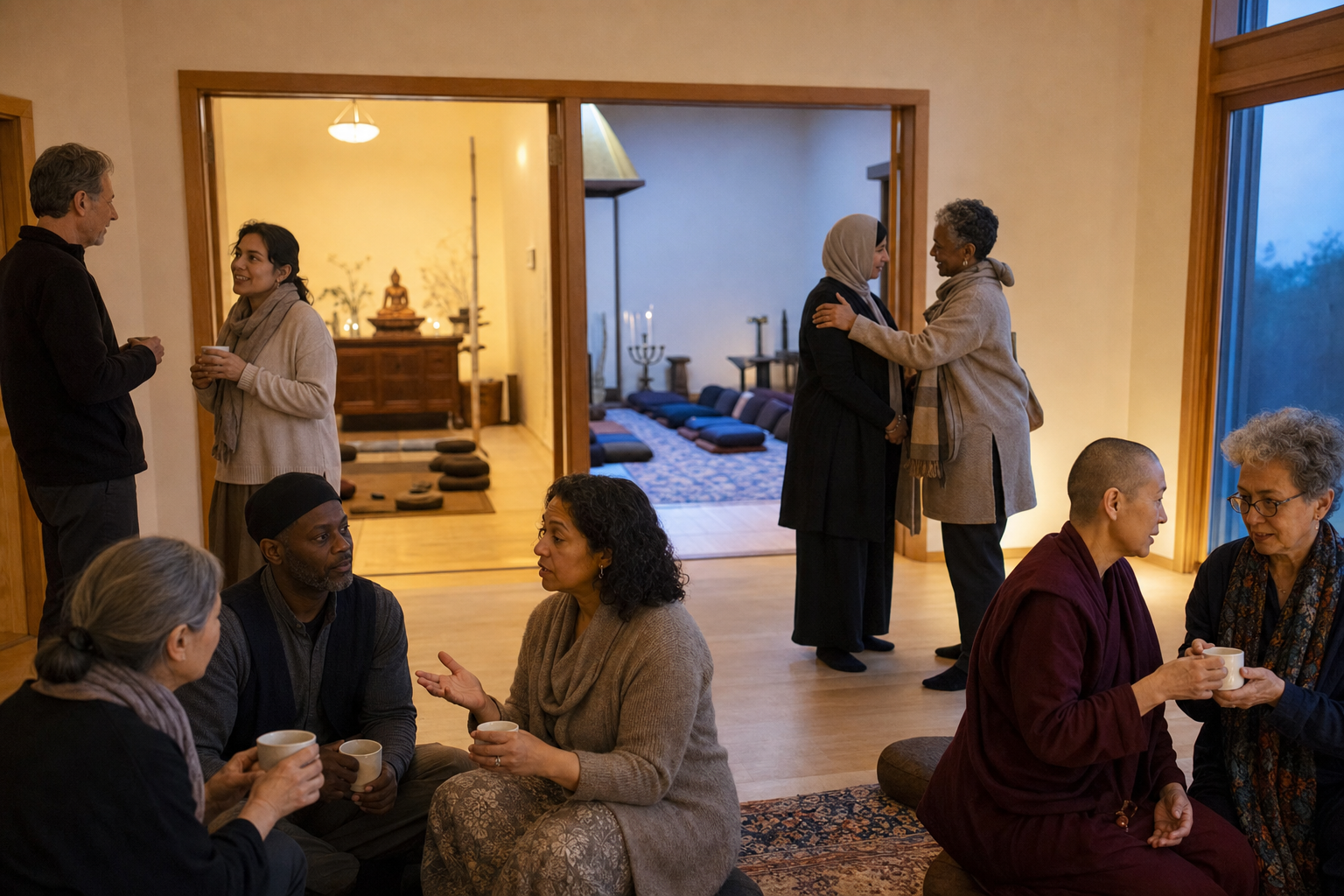 Participants and religious leaders talk over tea after chanting, with the gathering room and its separate practice areas visible behind them.