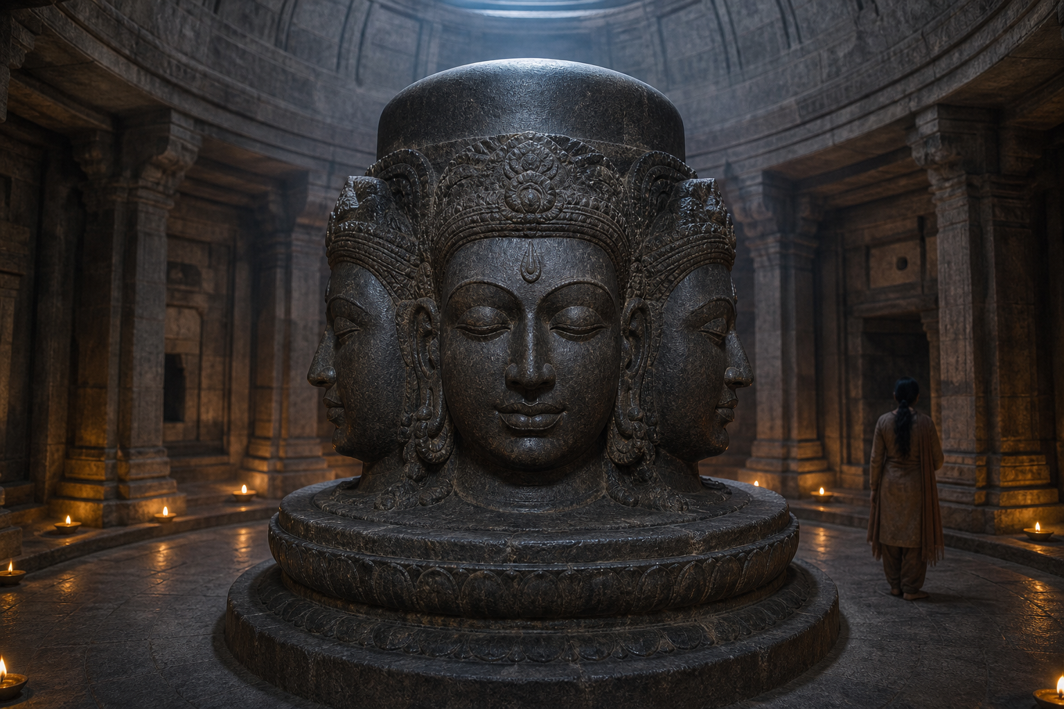 Visitor viewing a carved Panchamukha Shivalinga from a circular temple ambulatory, with several side faces visible and the smooth crown open above.