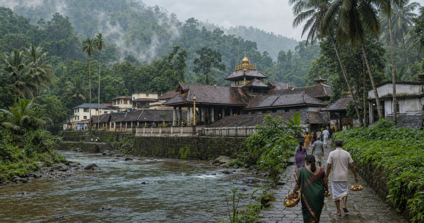 A temple settlement stands between the Kumaradhara River and the forested Western Ghats as pilgrims approach along a stone path after rain.