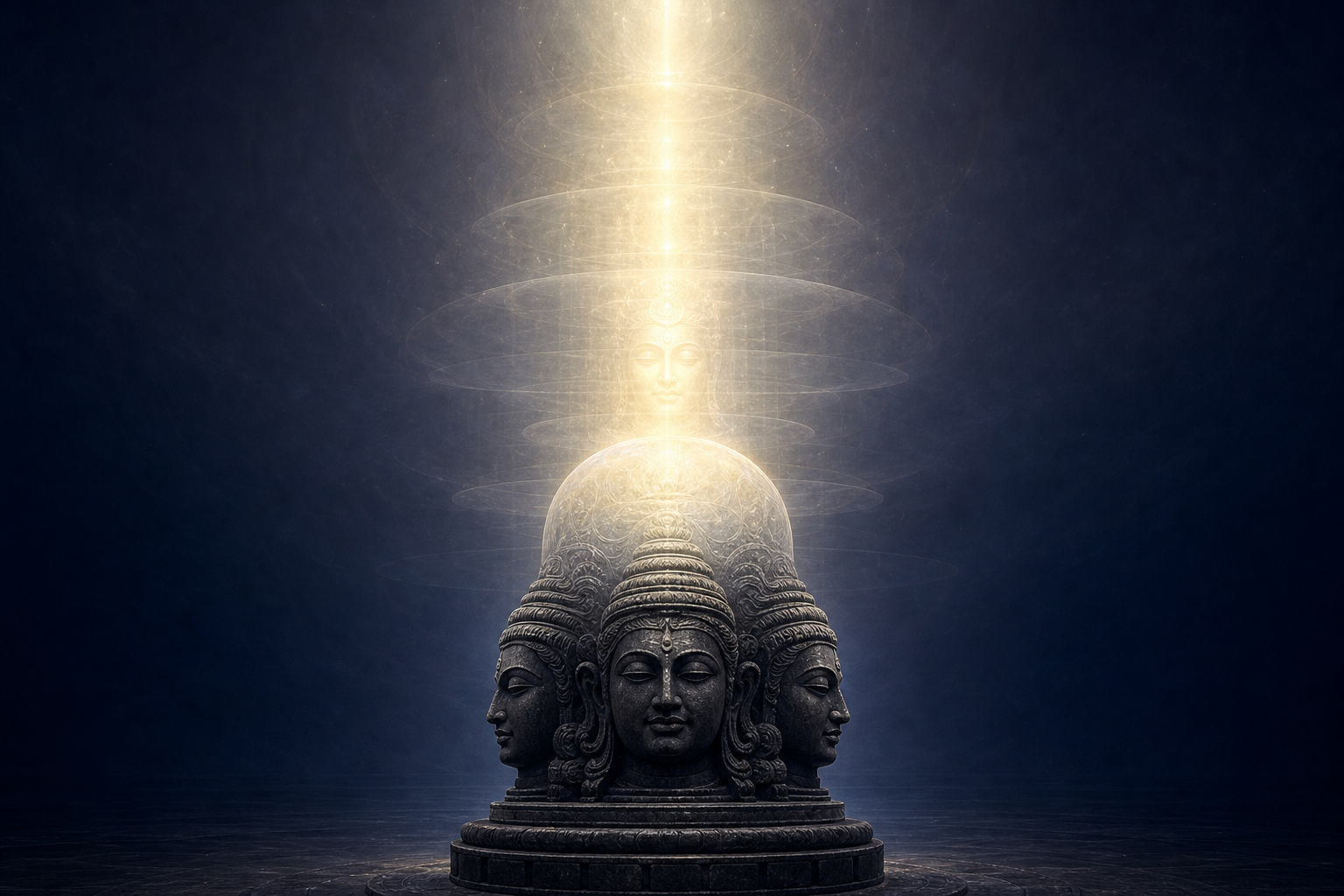 Panchamukha stone linga whose summit dissolves into white-gold light with a faint serene face emerging in the vertical radiance.