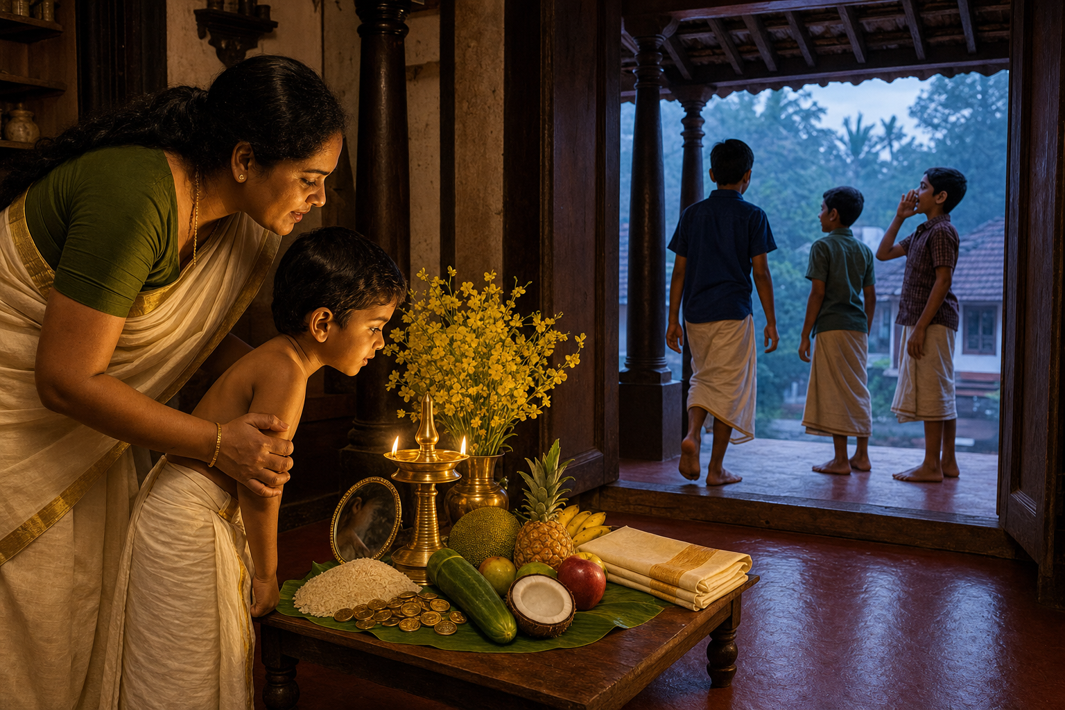 A child views a lamp-lit Vishukkani indoors while older children gather outside a North Malabar home at dawn.