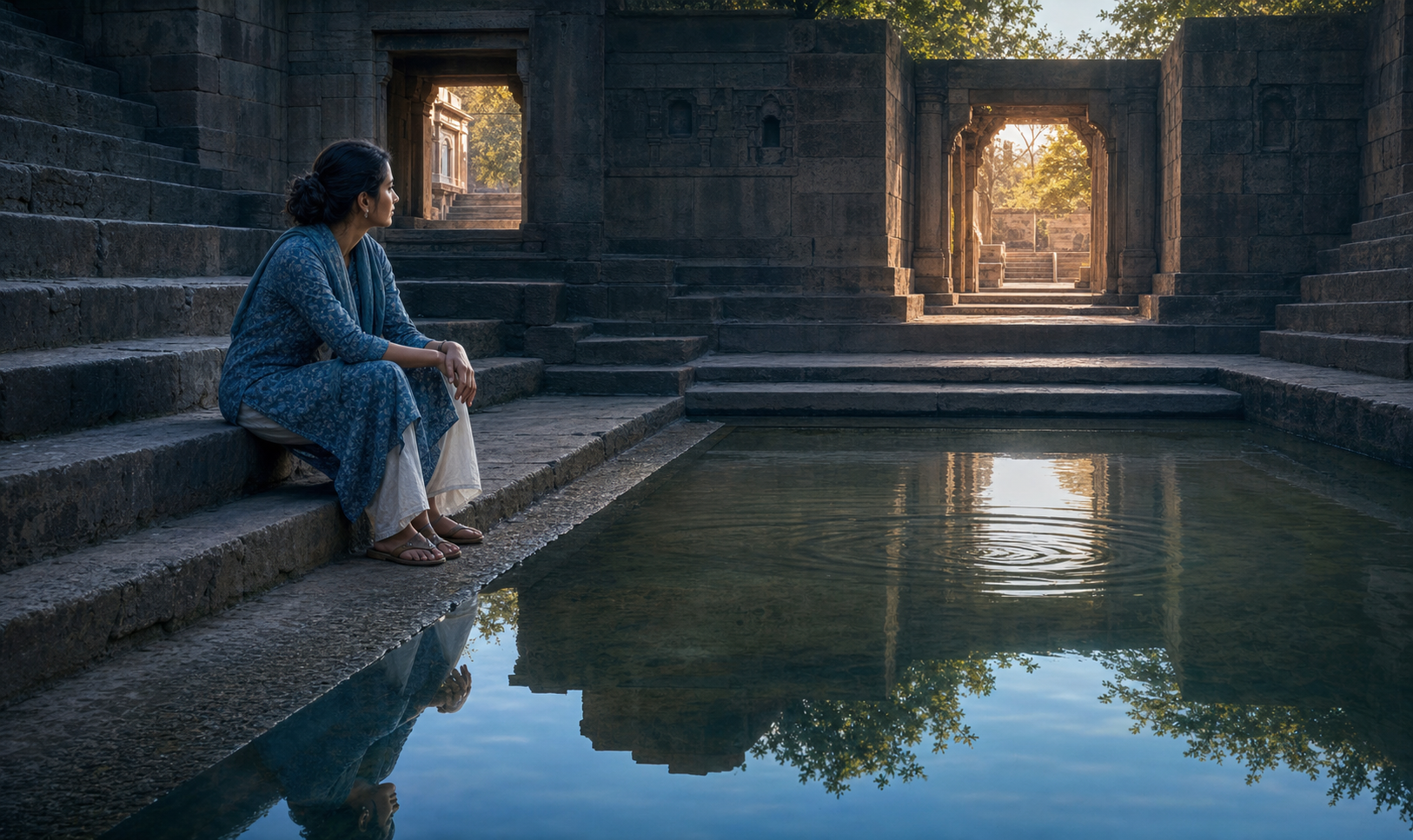 A woman pauses on stone steps beside a pool whose ripples are settling, with two sunlit passageways beyond her.