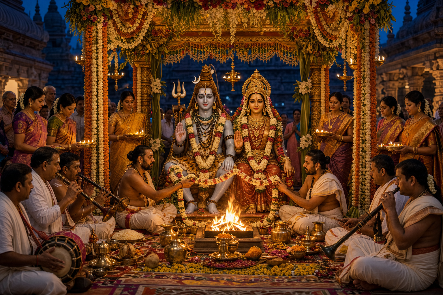 Priests conduct a divine wedding before festival icons of Shiva and Parvati beneath a flowered pavilion while musicians and families gather around the sacred fire.