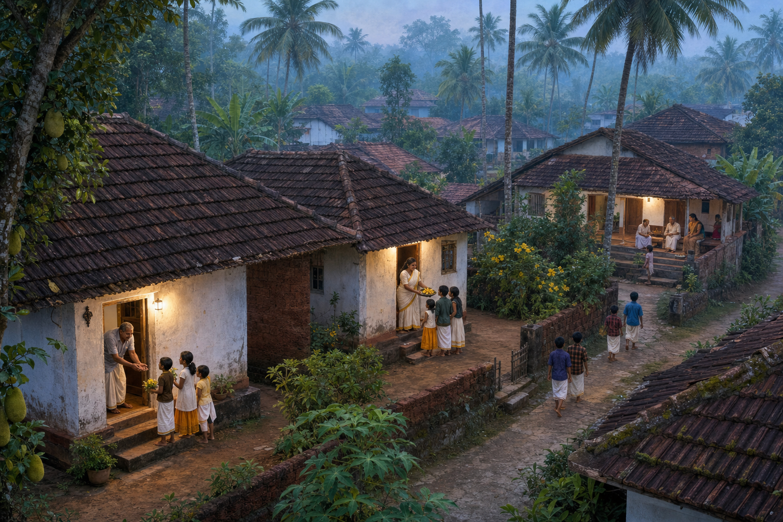 Groups of children visit several glowing doorways along the paths of a North Malabar village at dawn.