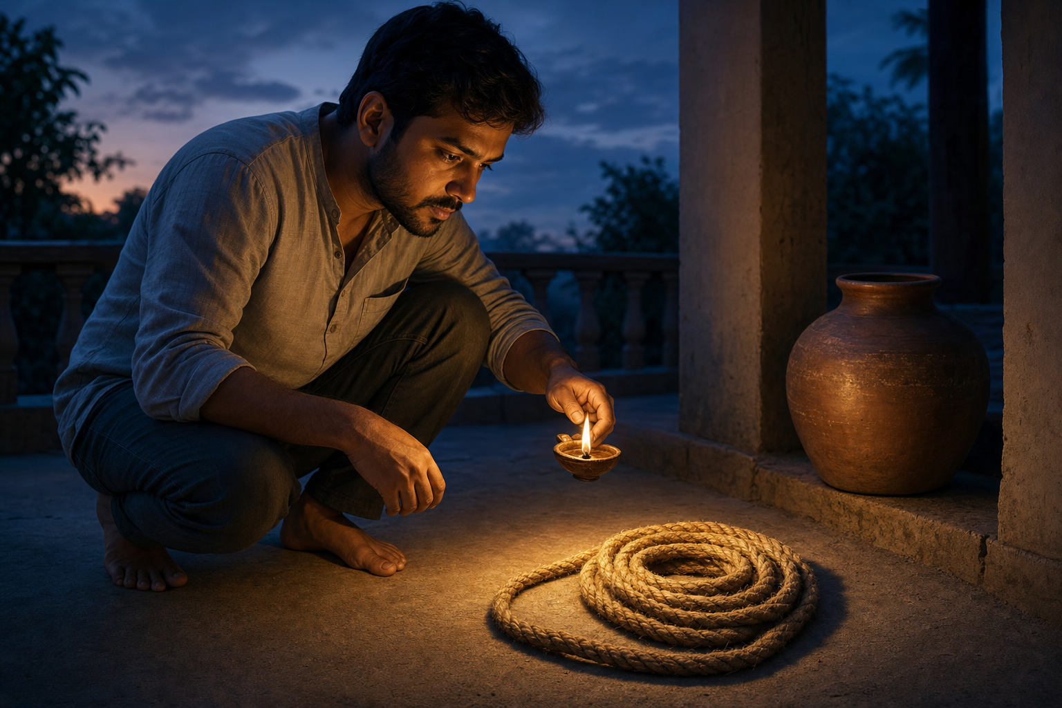 A man uses an oil lamp to inspect a coiled rope that was difficult to identify in the shadows.