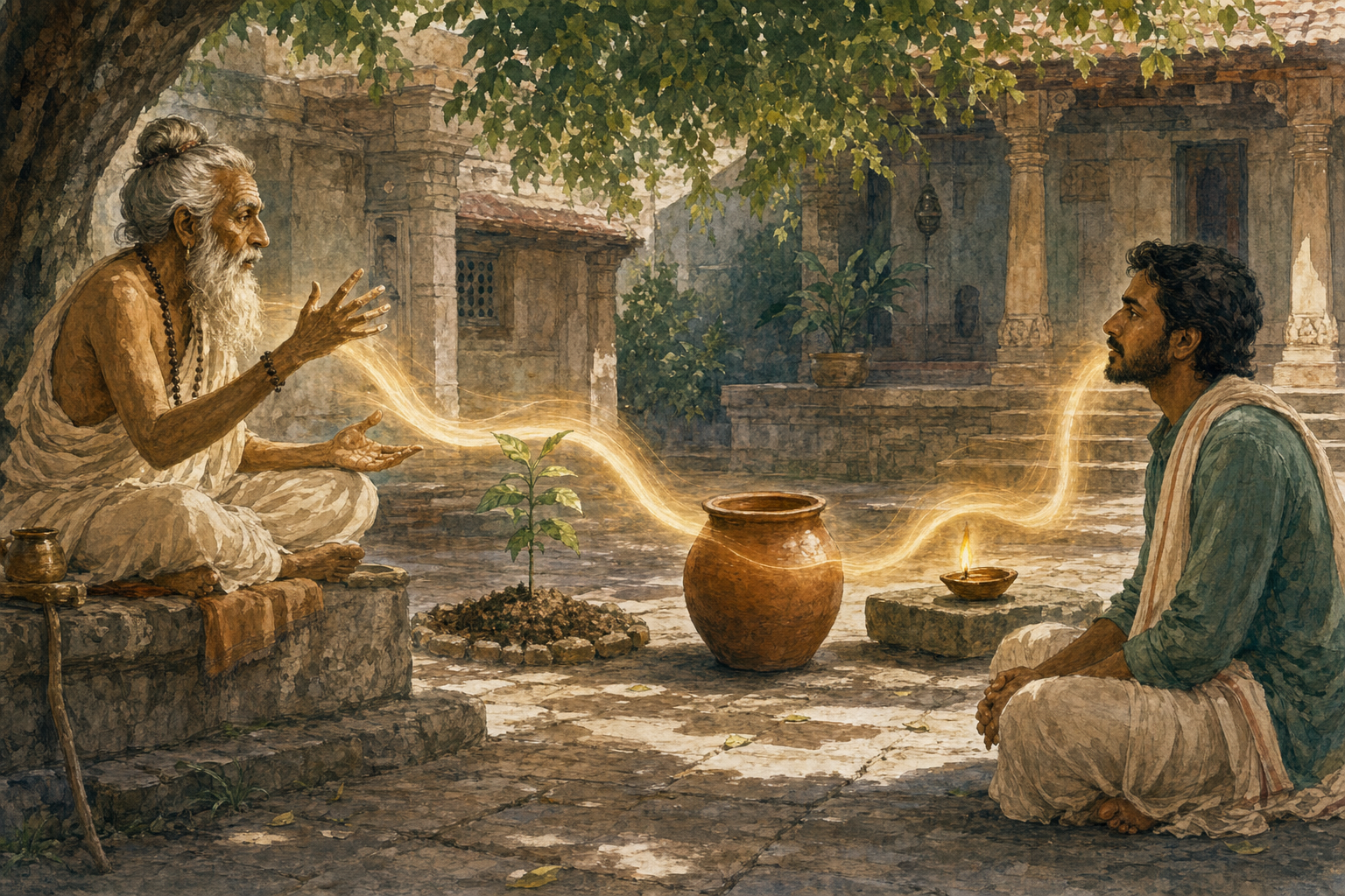 A seated ascetic teaches a listener in a stone courtyard as a band of warm light curves past a seedling, clay vessel, and oil lamp.