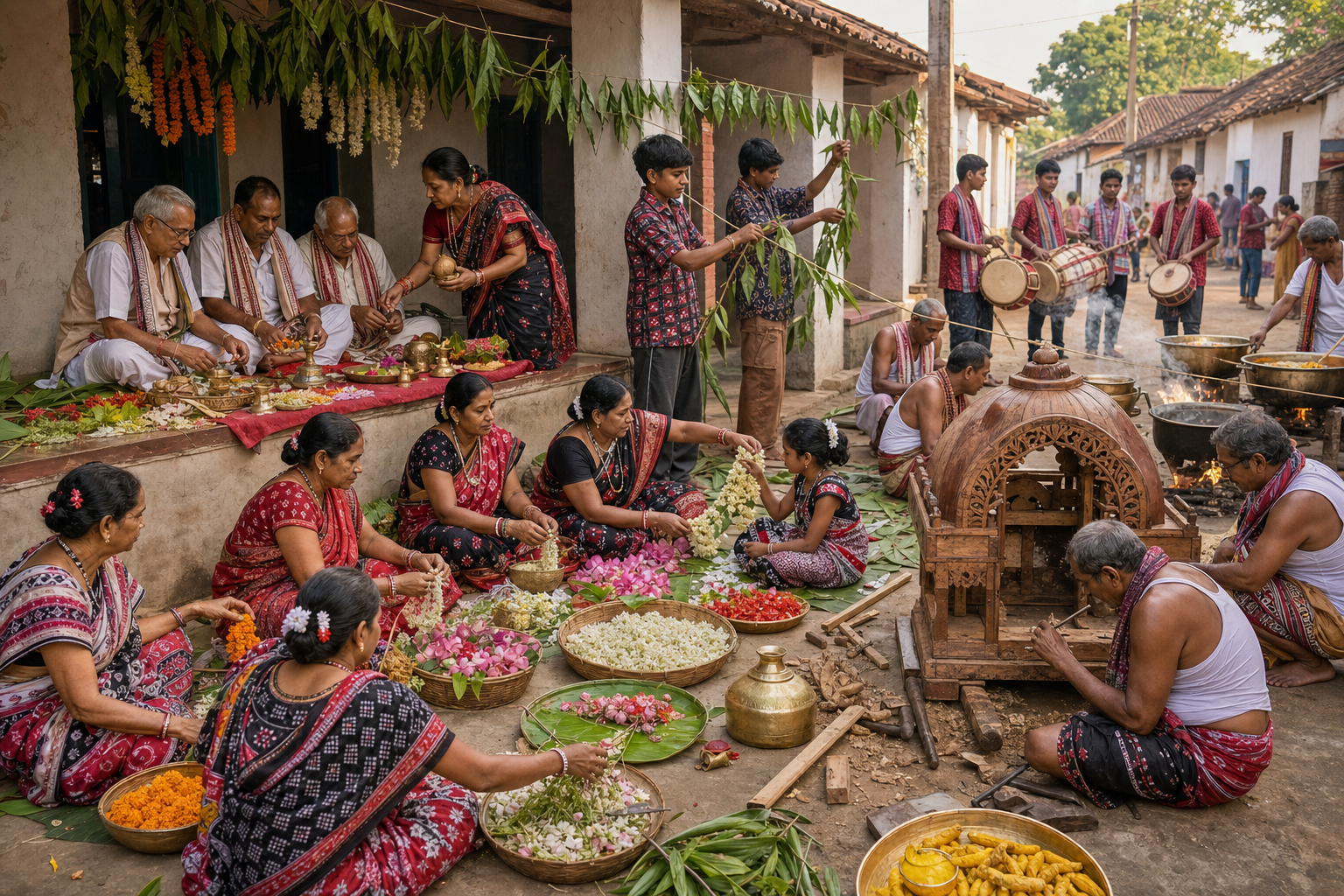 Families, artisans, cooks, and musicians in a Sambalpur neighborhood prepare flowers, offerings, decorations, a palanquin, and food for Sitalsasthi.