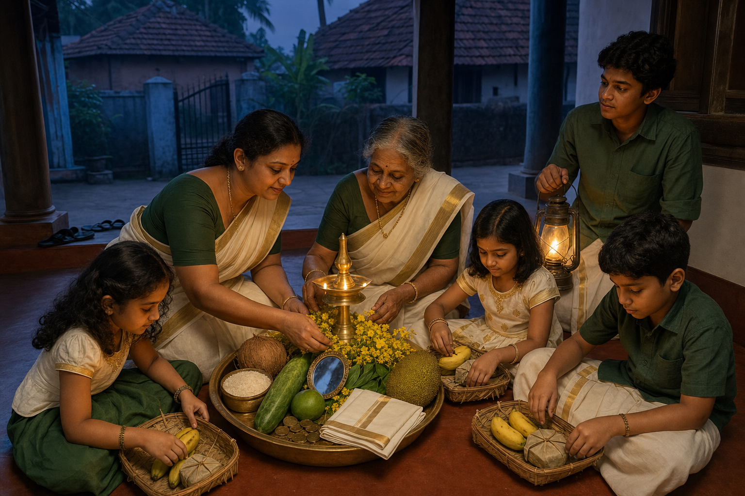 Family members arrange a Vishukkani and prepare small baskets before children begin their dawn visits.