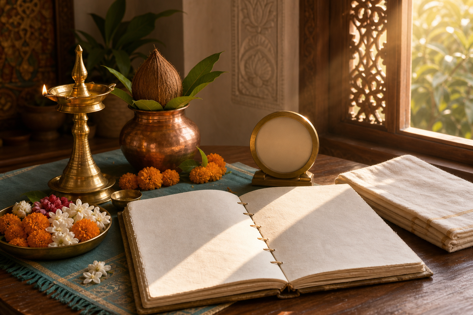 Brass puja objects, flowers, a blank notebook, and an unmarked timepiece illuminated by morning sunlight on a household table.