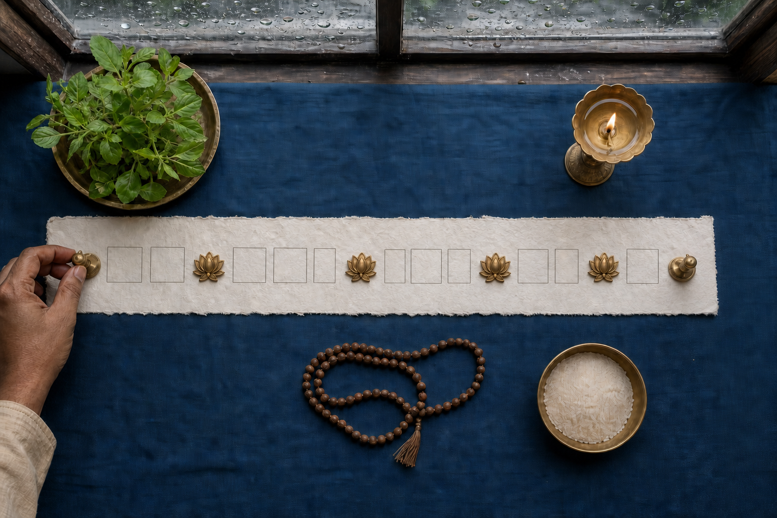 A hand places brass boundary markers on an unnumbered planning sheet beside four lotus tokens, prayer beads, a lamp, tulsi leaves, and rice.