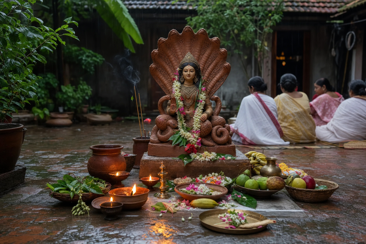 A Manasa Devi shrine with a cobra canopy, flowers, fruit, lamps and devotees in a rain-damp Bengali courtyard.