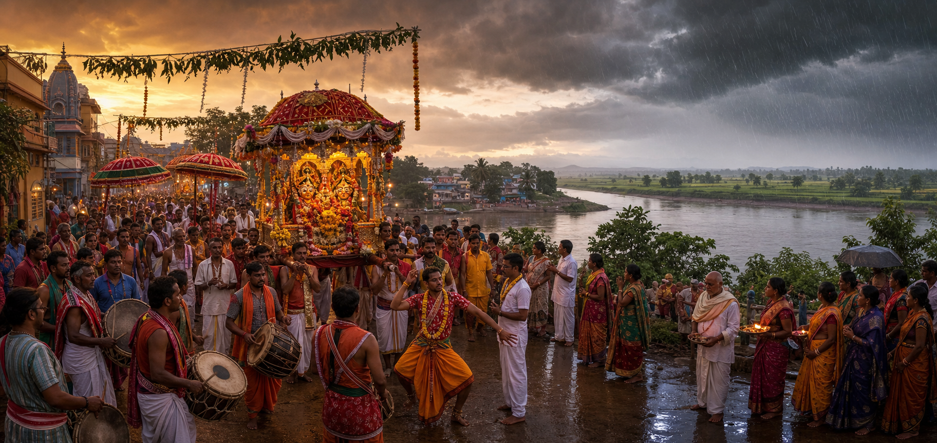 A decorated palanquin procession in Sambalpur approaches the Mahanadi River as dark monsoon clouds gather and the first rain touches the road.