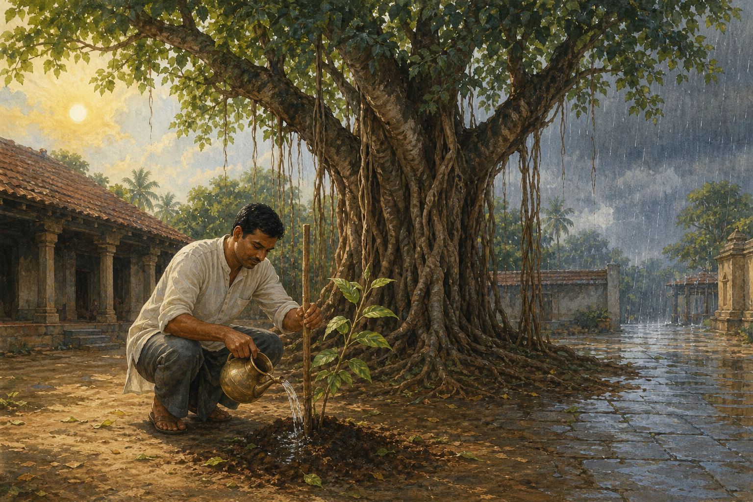 A reader waters a young banyan offshoot beside a deeply rooted mature tree while sunlight, shade, and distant rain cross the courtyard.