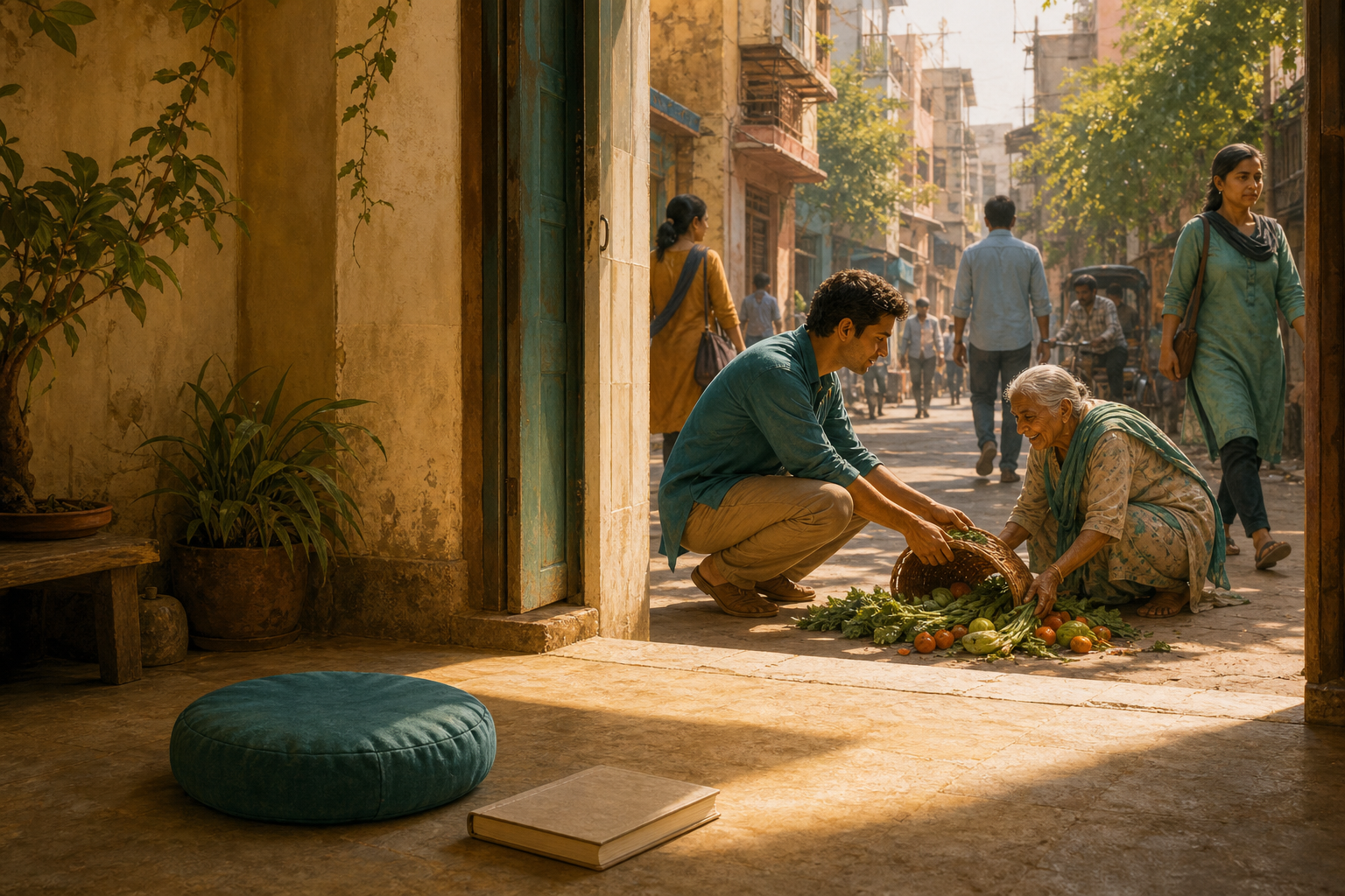 A person helps an older neighbor collect spilled vegetables outside a courtyard where a cushion and closed book remain behind.