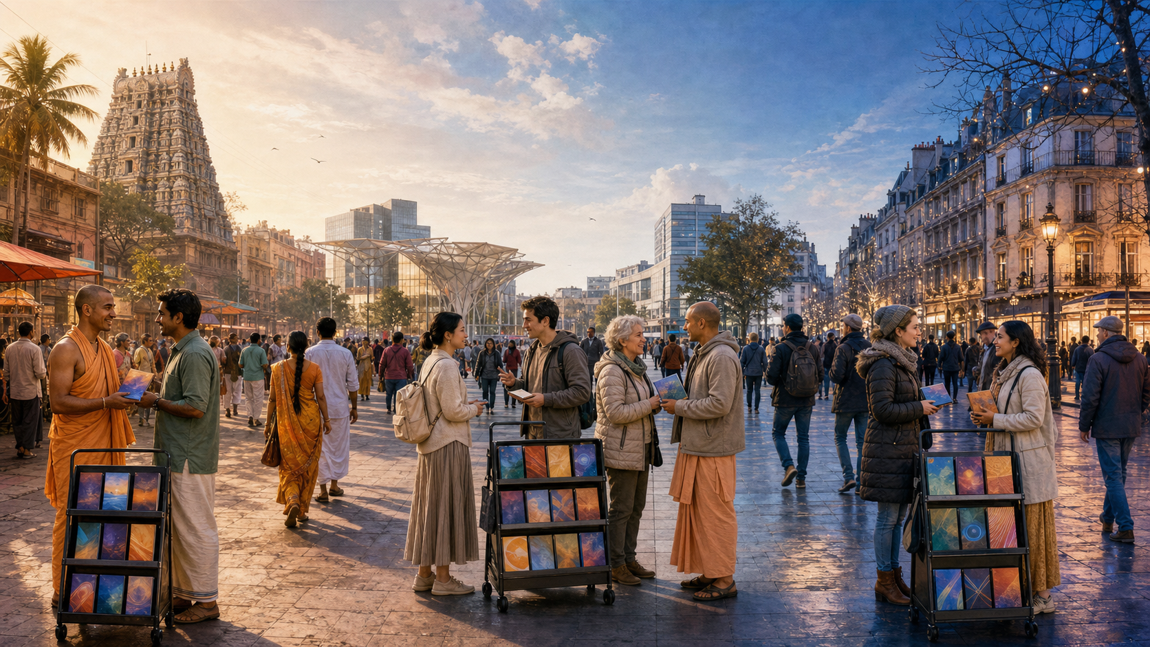 Sankirtan teams distribute spiritual books in a pilgrimage street, a busy city plaza, and a winter pedestrian district.