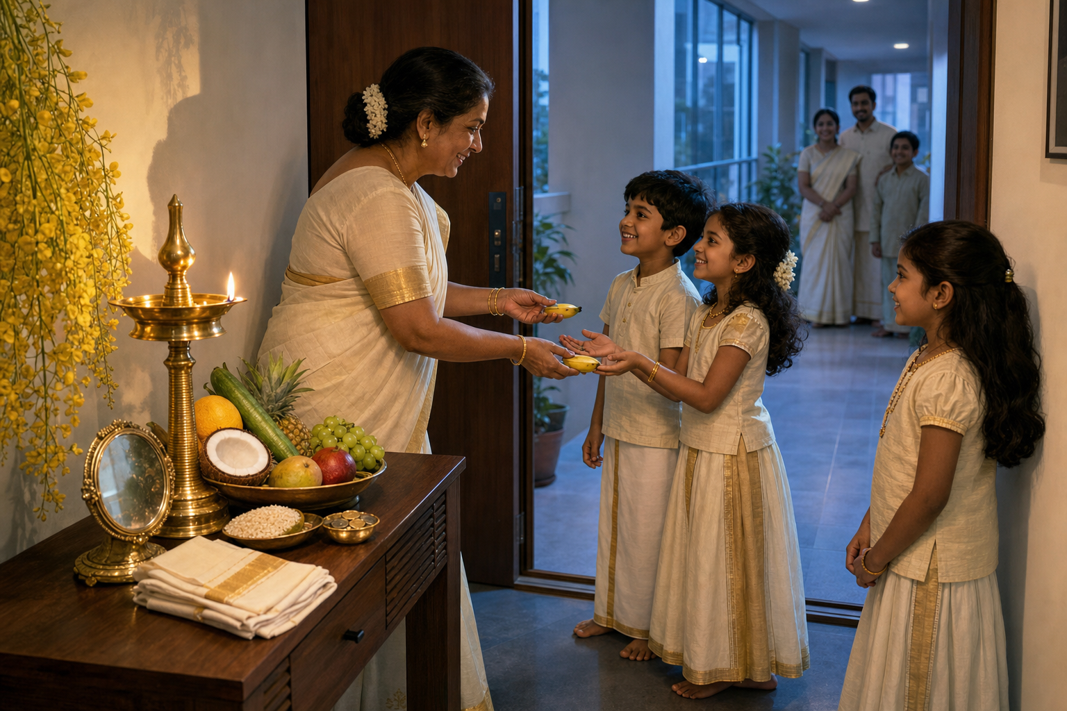 Children are welcomed beside a compact Vishukkani at the doorway of a modern apartment on Vishu morning.